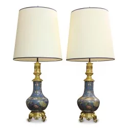 Pair of lamps, cloisonné blue, floral decoration on bronze Napoleon III bases.